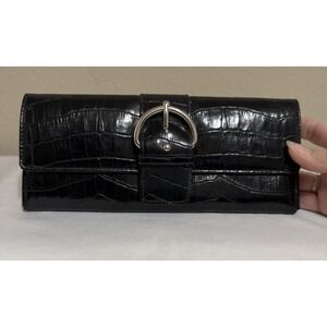 Black Y2K Wallet Big-Buckle Snap Closure Reptile Pattern